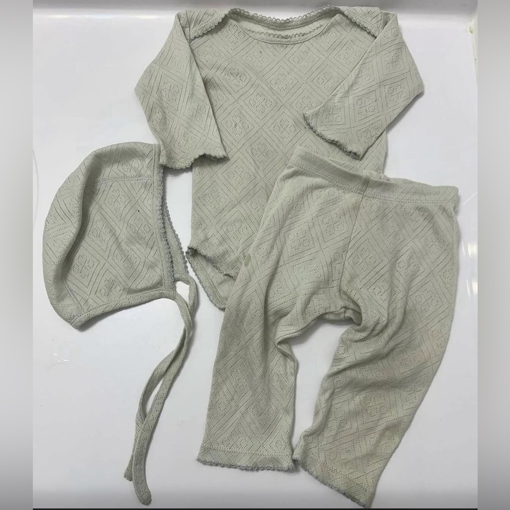 Kids Knit Matching Set in Light Sage - 3-Piece Bodysuit, Pants & Bonnet